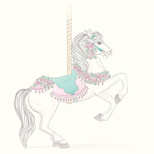 White Carousel Horse A vector illustration of a white carousel horse done in watercolor/pencil style. The horse in rearing on it's hind legs in anticipation of a gallop. She is wearing a blue saddle with a pink tasseled blanket and pink roses  and green leaves adorn her all over. A gold pole rises from her back for the little rider to hold onto. carousel horses stock illustrations