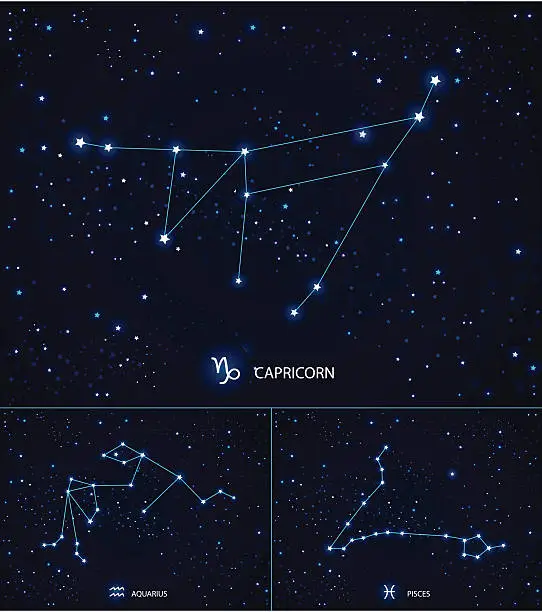 Vector illustration of Constellations on the starry sky. Capricorn. Aquarius. Pisces.