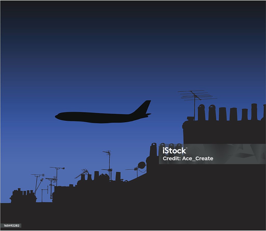 silhouette avion de nuit au-dessus de maisons - clipart vectoriel de Silhouette - Contre-jour libre de droits