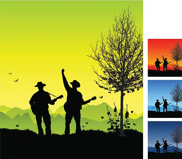 Vector illustration of Country and western musicians silhouette in the wild.