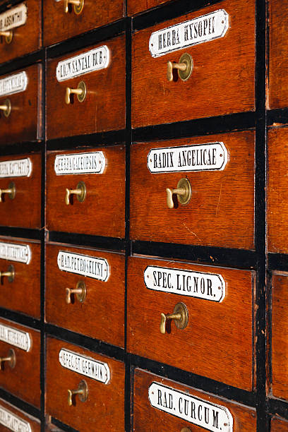 istock Wooden boxes for medicines in the old pharmacy 165492646
