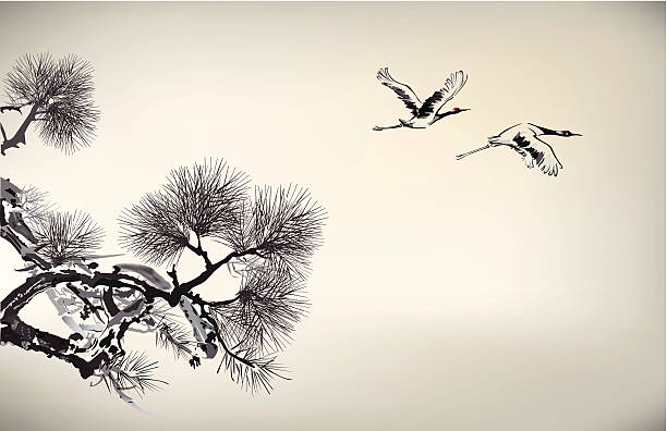 Ink style Pine Tree and crane Ink style Pine Tree and crane, eps10 file eurasian crane stock illustrations