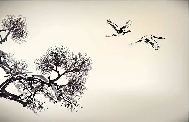 Vector illustration of Ink style Pine Tree and crane