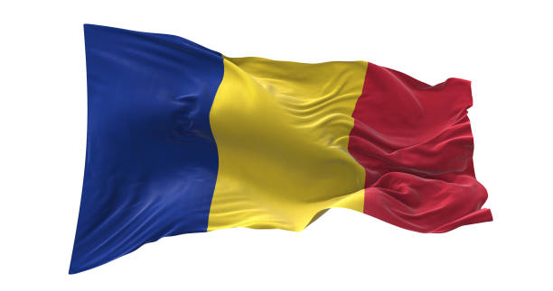 Romania flag waving isolated on white background.