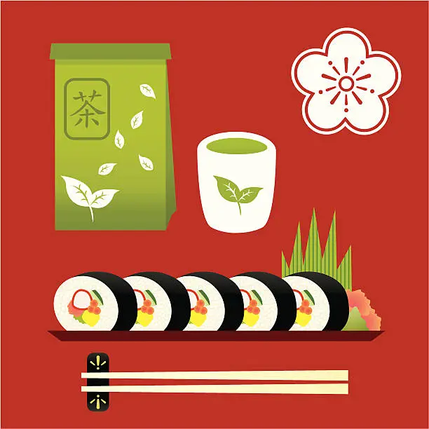 Vector illustration of Sushi roll and green tea food icon set