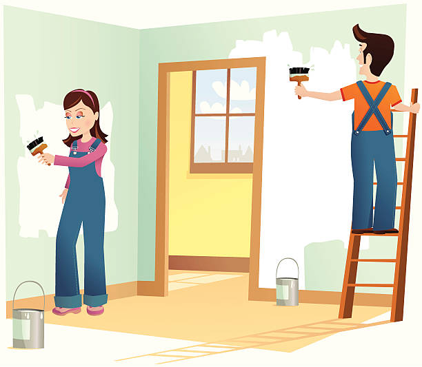 ilustrações de stock, clip art, desenhos animados e ícones de casal em casa decorando - pintar parede