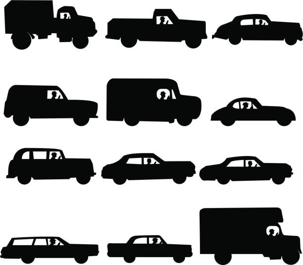 Cars and Trucks - Retro Stylized vehicles in a variety of shapes. EPS, Layered PSD, High-Resolution JPG included. Driver can be removed from each vehicle. armoured truck stock illustrations