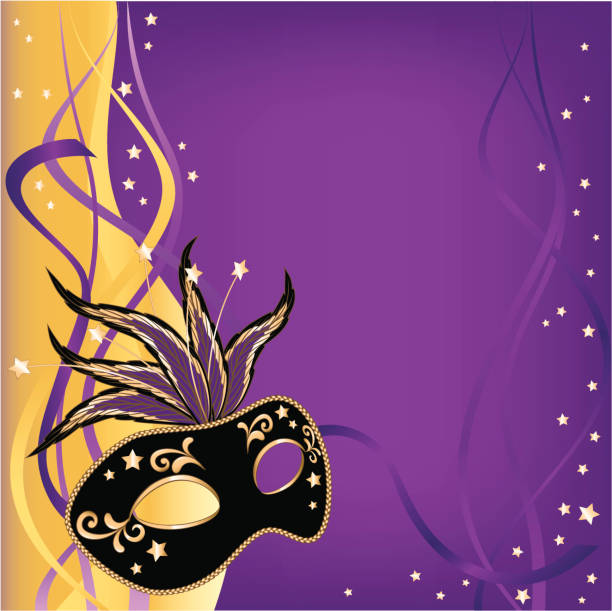 Mardi Gras, Masquerade Party Mask Vector illustration of Masqurade ball, Mardi Gras Venetian party masks with purple & gold background. Includes ai8.eps & .jpeg file formats. purple and gold masquerade masks stock illustrations