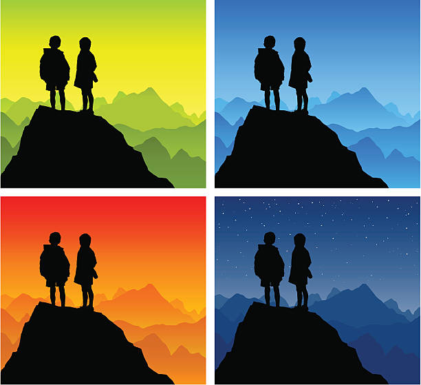 2 つの若い男のシルエットの山トップ - spring clear sky night summer点のイラスト素材／クリップアート素材／マンガ素材／アイコン素材