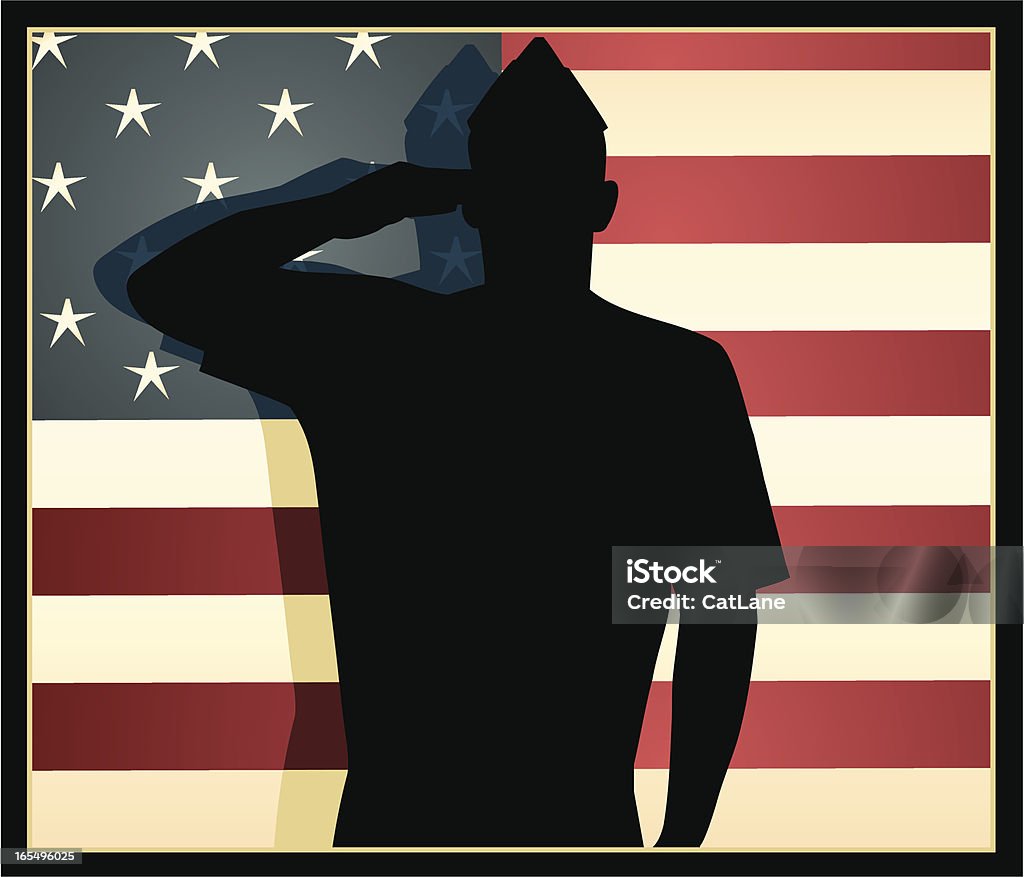 American Patriot Vector silhouette of an American Airman against a vintage colored stars and stripes flag. US Veteran's Day stock vector