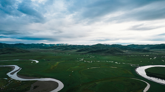 Aerial view of winding river at Hongyuan Country in Sichuan Province, China