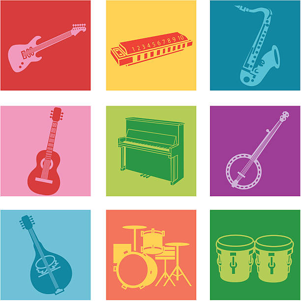 A set of nine multicolored popular music icons Vector icons with a popular music theme. harmonica stock illustrations