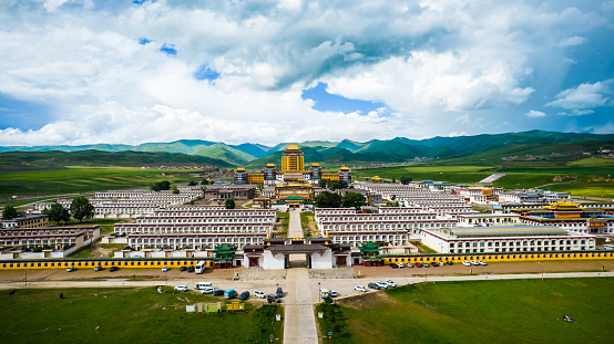 Aerial view of Gemo Temple(各莫寺) in Aba of Sichuan Province, China