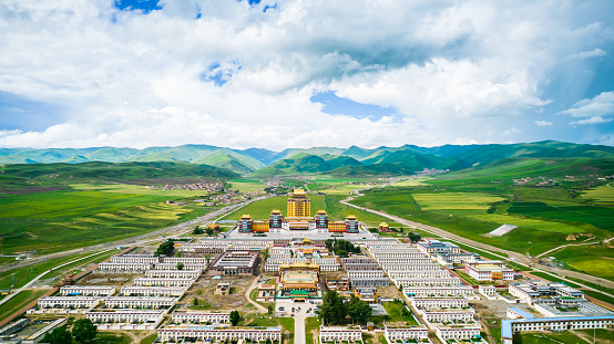 Aerial view of Gemo Temple(各莫寺) in Aba of Sichuan Province, China