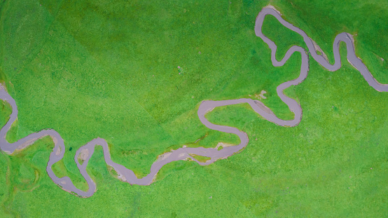 Aerial view of winding river at Hongyuan Country in Sichuan Province, China