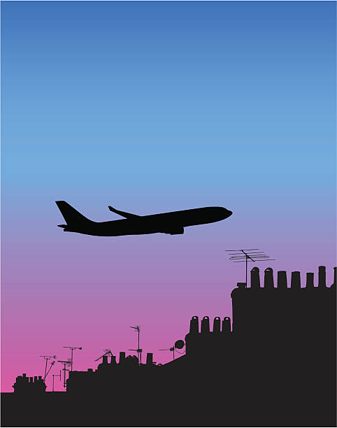 ilustrações de stock, clip art, desenhos animados e ícones de jumbojet silhouetted acima de roofscape - television aerial roof antenna city