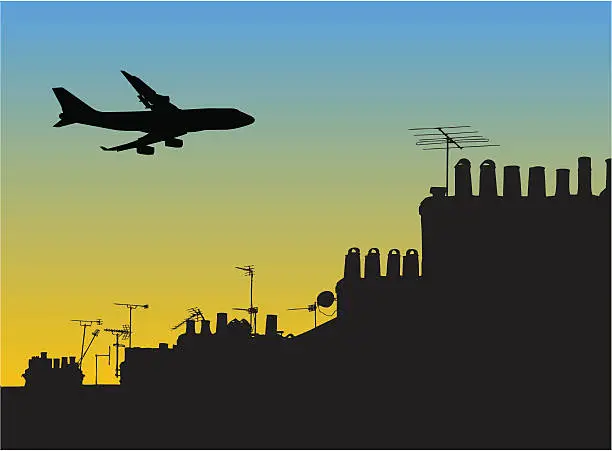 Vector illustration of Airplane passes over silhouetted roofscape in the smog