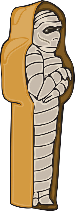 Vector cartoon mummy in his tomb.  On transparent background.  See my other files for more spooky stuff.