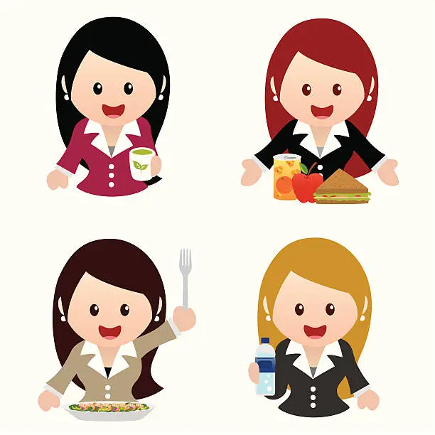Vector illustration of business women healthy eating icon set