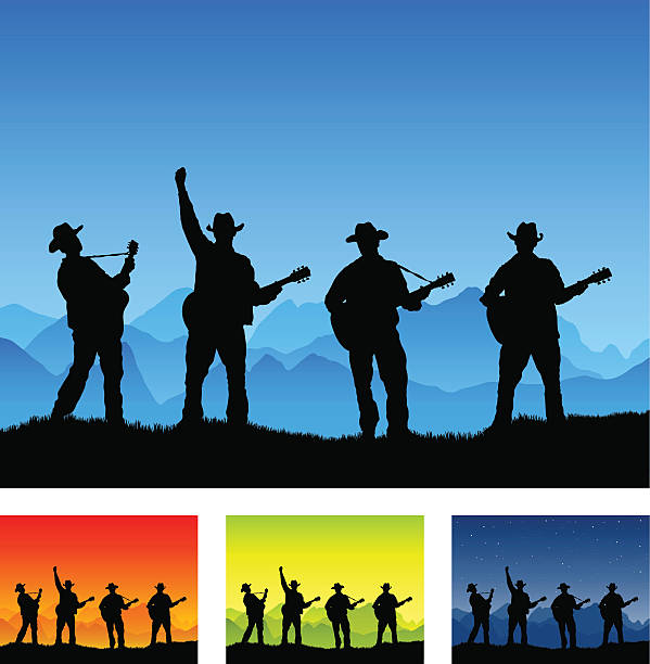Country guitar group silhouette playing outside A country guitar group perform in the mountains. Different color schemes provided display differing times of day and year. guitar silhouettes stock illustrations