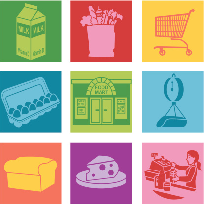 Vector icons with a grocery store theme.