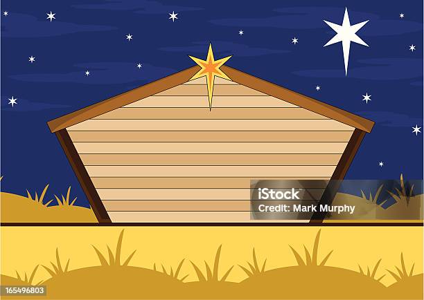 Nativity Scene Christmas Barn — стоковая векторная графика и другие изображения на тему Векторная графика - Векторная графика, Полярная звезда, Амбар