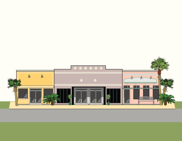 ilustrații de stoc cu strip mall cu palmieri - centru comercial