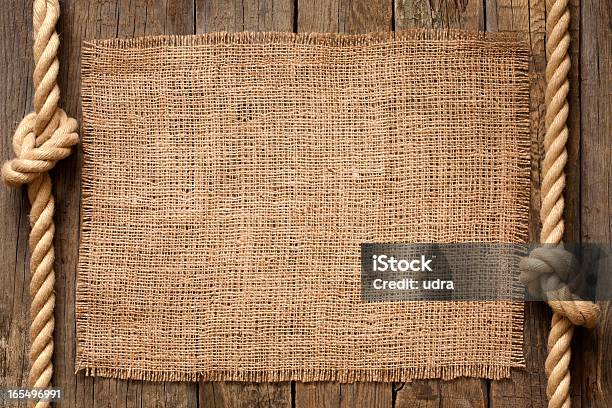 Old Vintage Rope And Planks Background With Jute Stock Photo - Download Image Now - Brown, Canvas Fabric, Dark