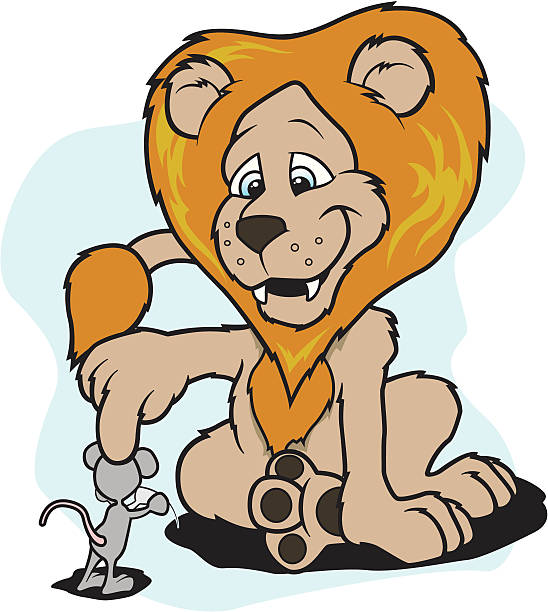 Lion teasing little mouse vector art illustration