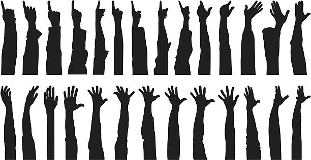 illustrazioni stock, clip art, cartoni animati e icone di tendenza di molte mani - human hand hand raised volunteer arms raised