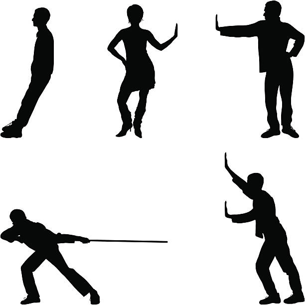 fünf praktische posen - pushing pulling men silhouette stock-grafiken, -clipart, -cartoons und -symbole