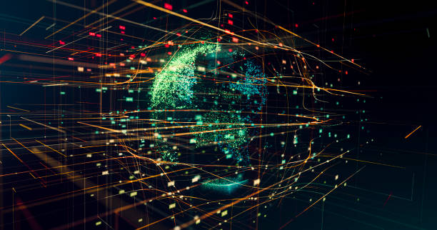 istock Global network illustration, 3D illustration symbolizing global information technology with Earth, random numbers and vivid green yellow color elements, symbols of digital word 1654974761