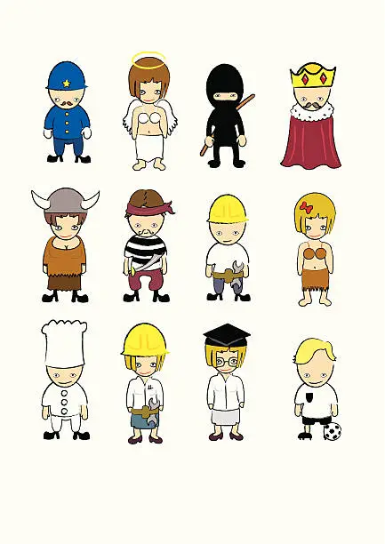 Vector illustration of Cute characters in assorted costumes, set 1