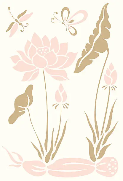 Vector illustration of Butterfly, Dragonfly & Lotus Flowers