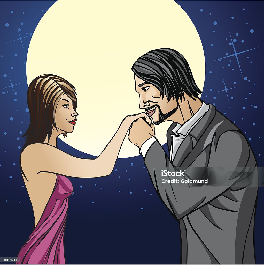 Moonlight Couple Gentleman kissing hand of a beautiful young lady with a full moon in the background Adult stock vector