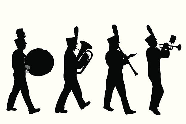 ilustraciones, imágenes clip art, dibujos animados e iconos de stock de marchingband - parade marching band trumpet musical instrument