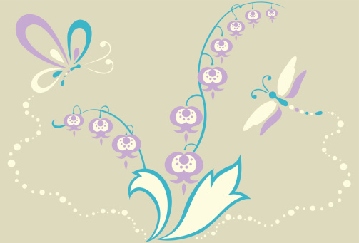 Vector Illustration of lily of Valley flowers & a little butterfly and a little dragonfly.