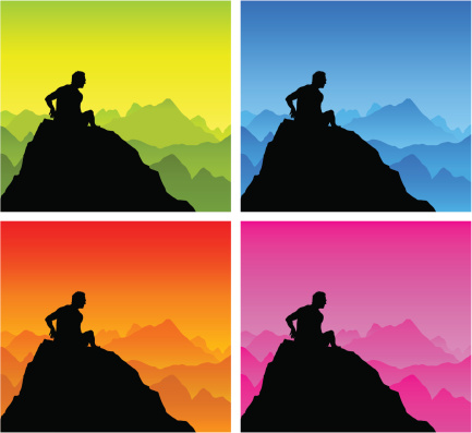 A silhouette showing a man sitting down after reaching a peak on a mountain. The image comes in four different color versions.