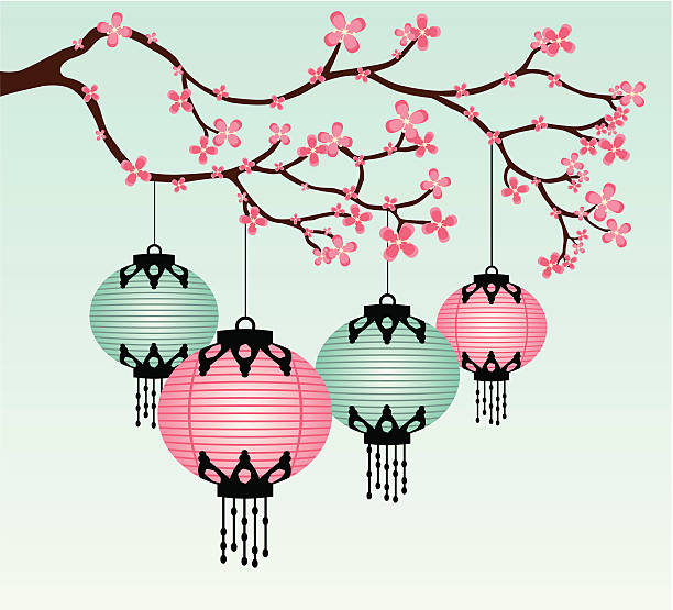 Linternas chinas y cerezos en flor - ilustración de arte vectorial