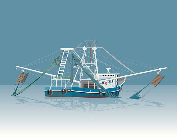 illustrazioni stock, clip art, cartoni animati e icone di tendenza di barca per pesca di gamberetti - barca per pesca di gamberetti