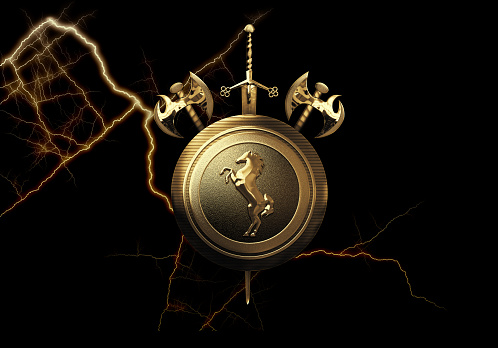 3d illustration, round shield with medieval horse emblem, sword and golden axes isolated on black background with lightning