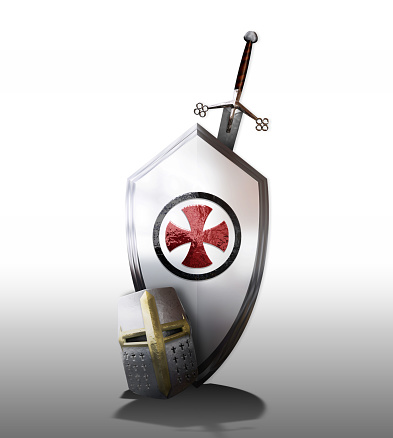 shield with red cross and great sword and Templar knight helmet