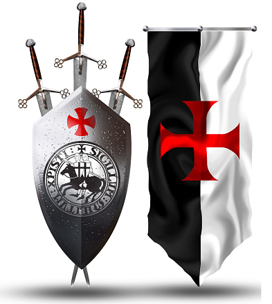 3d illustration, shield with swords and flag of Templars, Crusaders