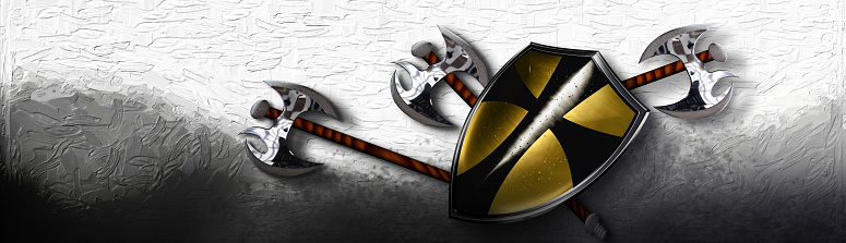 3d illustration,background with shield of knight with ax with space for text