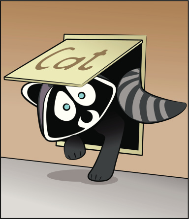 Fully editable vector illustration of a raccoon caught sneaking out of a cat flap.
