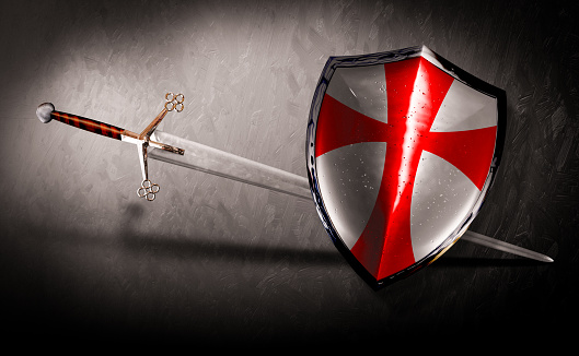 3d illustration, sword and shield with red cross Templars