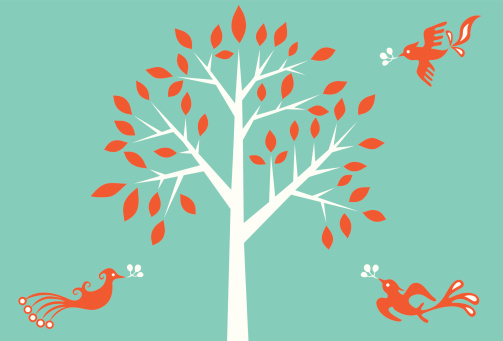 Vector Illustration of a curvy tree & flying birds.