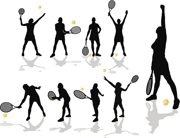 женский теннис игроки - silhouette tennis racket tennis racket stock illustrations