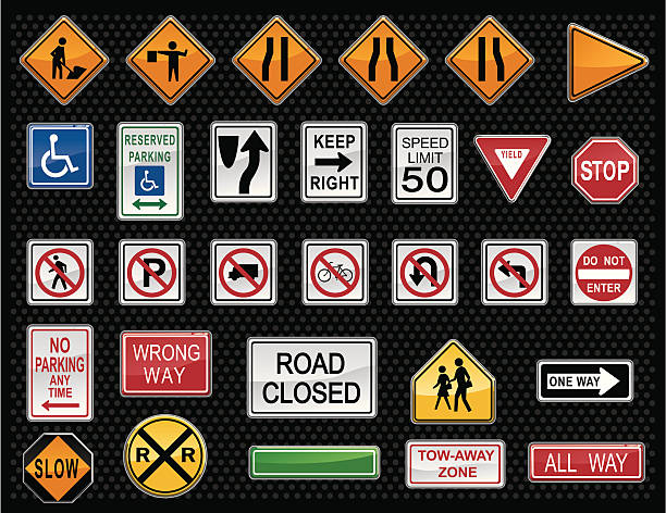 illustrations, cliparts, dessins animés et icônes de vecteur de panneau d'avertissement de trafic boutons - one way road sign sign street