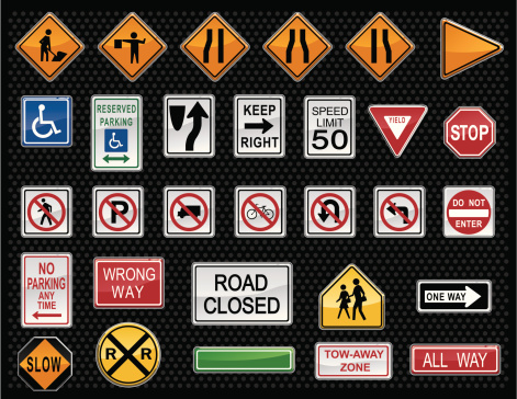 An assortment of traffic warning signs created to look like buttons.